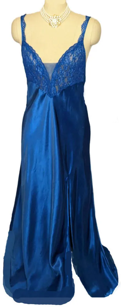 *  GLAMOROUS VINTAGE VICTORIA'S SECRET SATIN BIAS CUT NIGHTGOWN IN SAPPHIRE