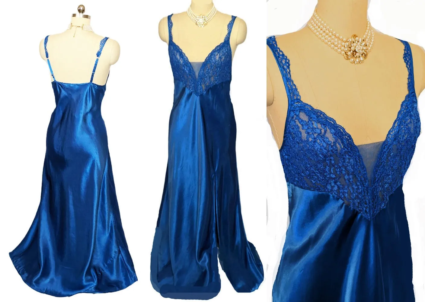 *  GLAMOROUS VINTAGE VICTORIA'S SECRET SATIN BIAS CUT NIGHTGOWN IN SAPPHIRE