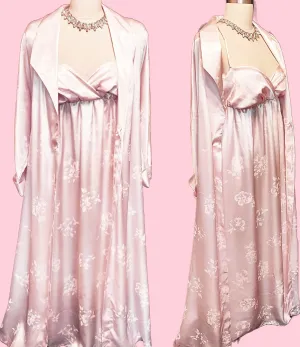 *  VINTAGE '80S MADE IN ITALY SATIN SHIMMERING BABY PINK PEIGNOIR NIGHTGOWN SET  - NEW W TAG  NEW OLD STOCK