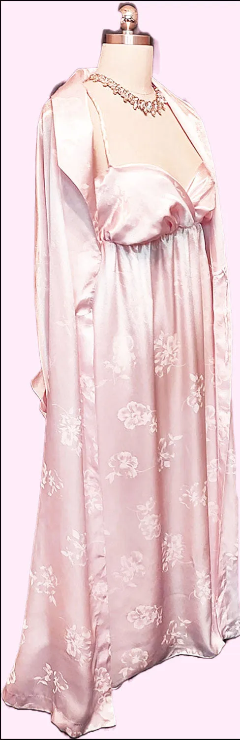 *  VINTAGE '80S MADE IN ITALY SATIN SHIMMERING BABY PINK PEIGNOIR NIGHTGOWN SET  - NEW W TAG  NEW OLD STOCK