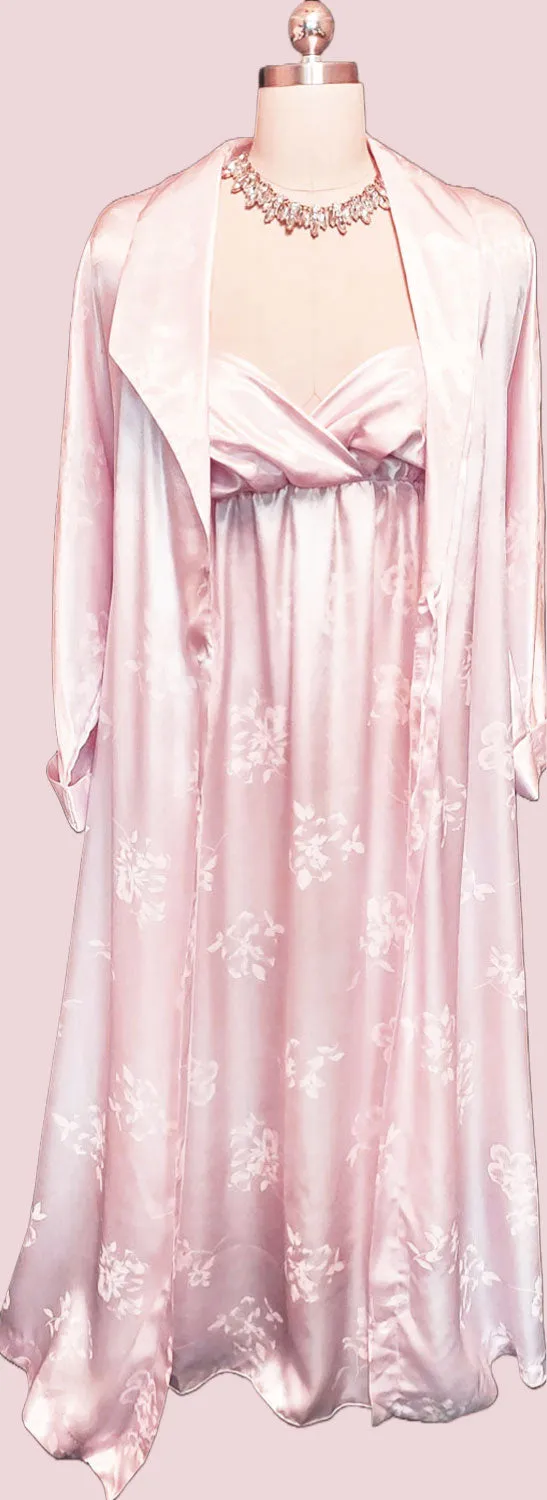 *  VINTAGE '80S MADE IN ITALY SATIN SHIMMERING BABY PINK PEIGNOIR NIGHTGOWN SET  - NEW W TAG  NEW OLD STOCK