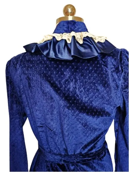 *  VINTAGE ANNIE VELOUR WRAP ROBE DRESSING GOWN IN SAPPHIRE WITH IVORY LACE SATIN TRIM MADE IN USA