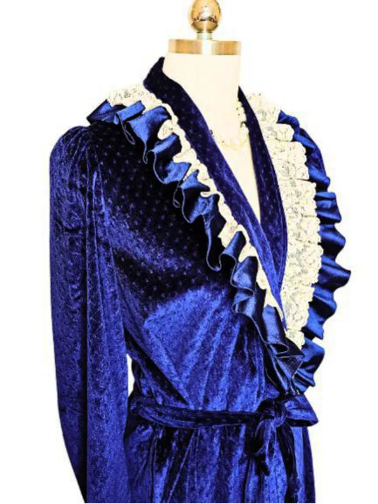 *  VINTAGE ANNIE VELOUR WRAP ROBE DRESSING GOWN IN SAPPHIRE WITH IVORY LACE SATIN TRIM MADE IN USA