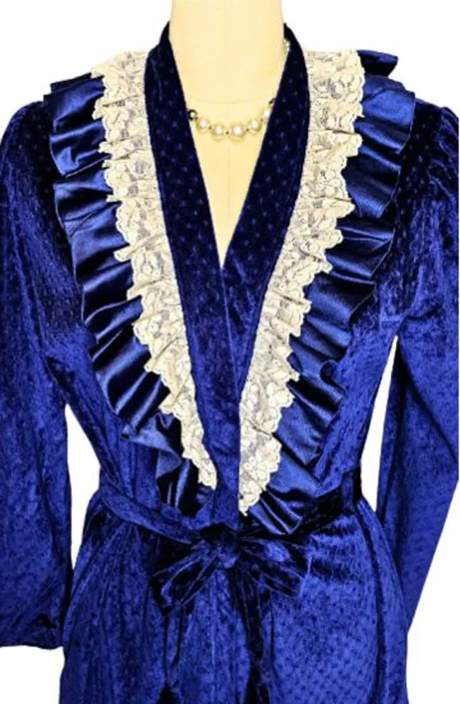 *  VINTAGE ANNIE VELOUR WRAP ROBE DRESSING GOWN IN SAPPHIRE WITH IVORY LACE SATIN TRIM MADE IN USA