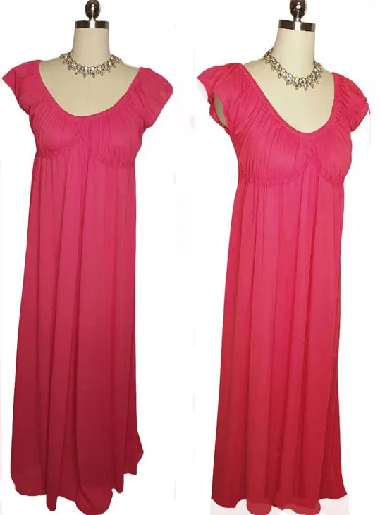 *  VINTAGE EMPIRE STYLE SILKY NYLON NIGHTGOWN IN SUMMER RASPBERRY WITH FLUTTER SLEEVES