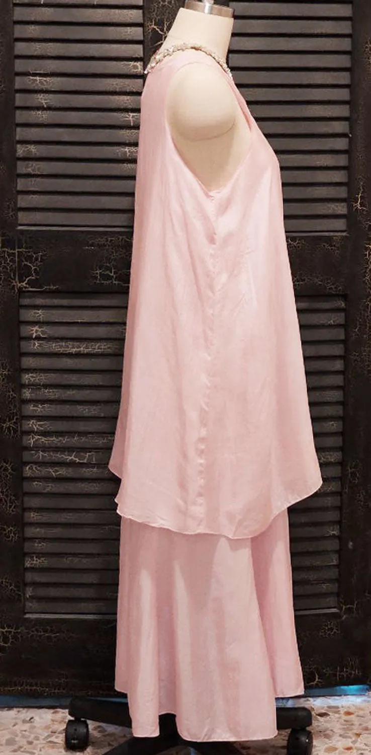 *  VINTAGE LEO BY SHELLI SEGAL 100% SILK TIER DRESS IN STRAWBERRY ICE CREAM PINK - SIZE LARGE