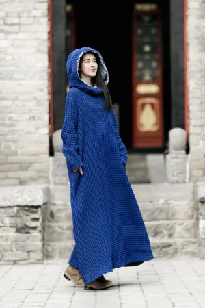 100% Linen Jewelry Blue Wizard Hats Robes, Loose Fitting Maxi Dress, Long sleeve Caftans,Women Clothing with Hooded-Autumn Dress,Zen Gown