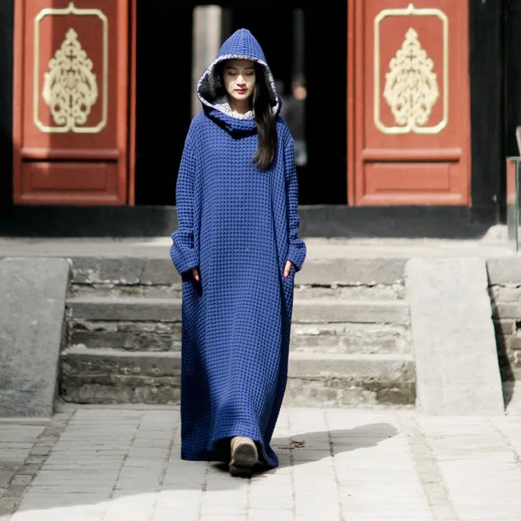 100% Linen Jewelry Blue Wizard Hats Robes, Loose Fitting Maxi Dress, Long sleeve Caftans,Women Clothing with Hooded-Autumn Dress,Zen Gown