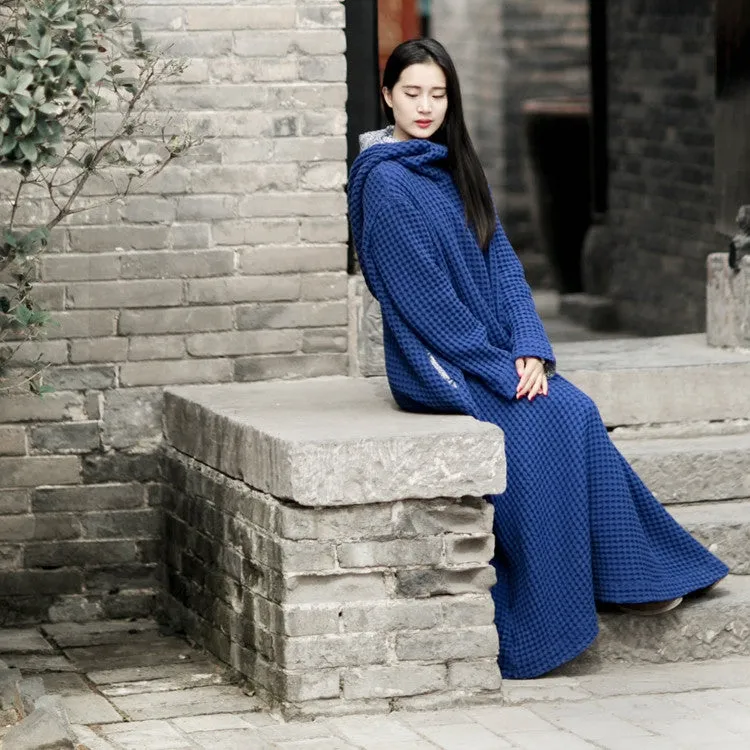 100% Linen Jewelry Blue Wizard Hats Robes, Loose Fitting Maxi Dress, Long sleeve Caftans,Women Clothing with Hooded-Autumn Dress,Zen Gown