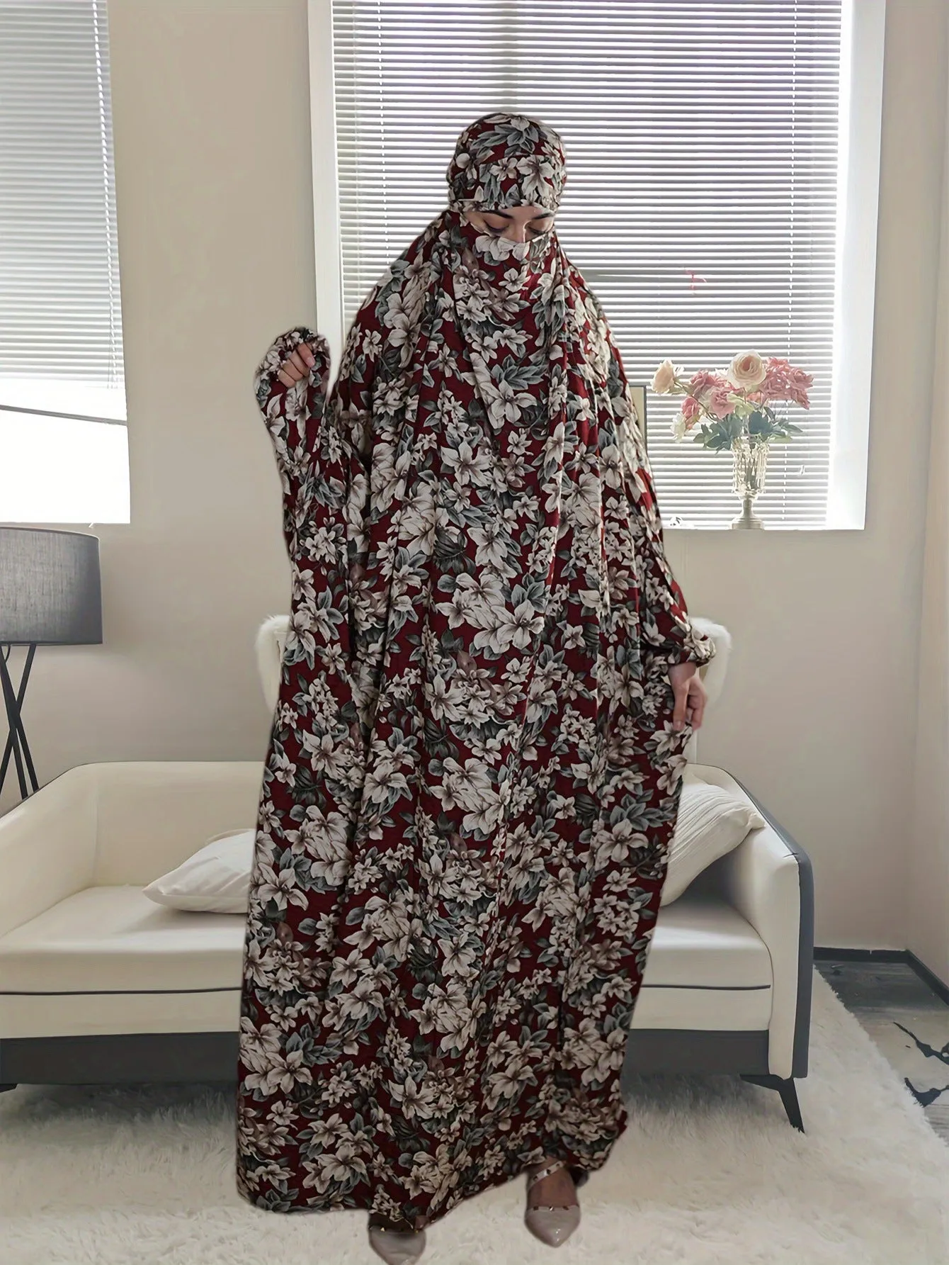 20  Cross-border plus size women's Middle Eastern robes Muslim traditional hooded prayer robes fashionable printed worship clothes Dresses/gowns  prayer set  abaya