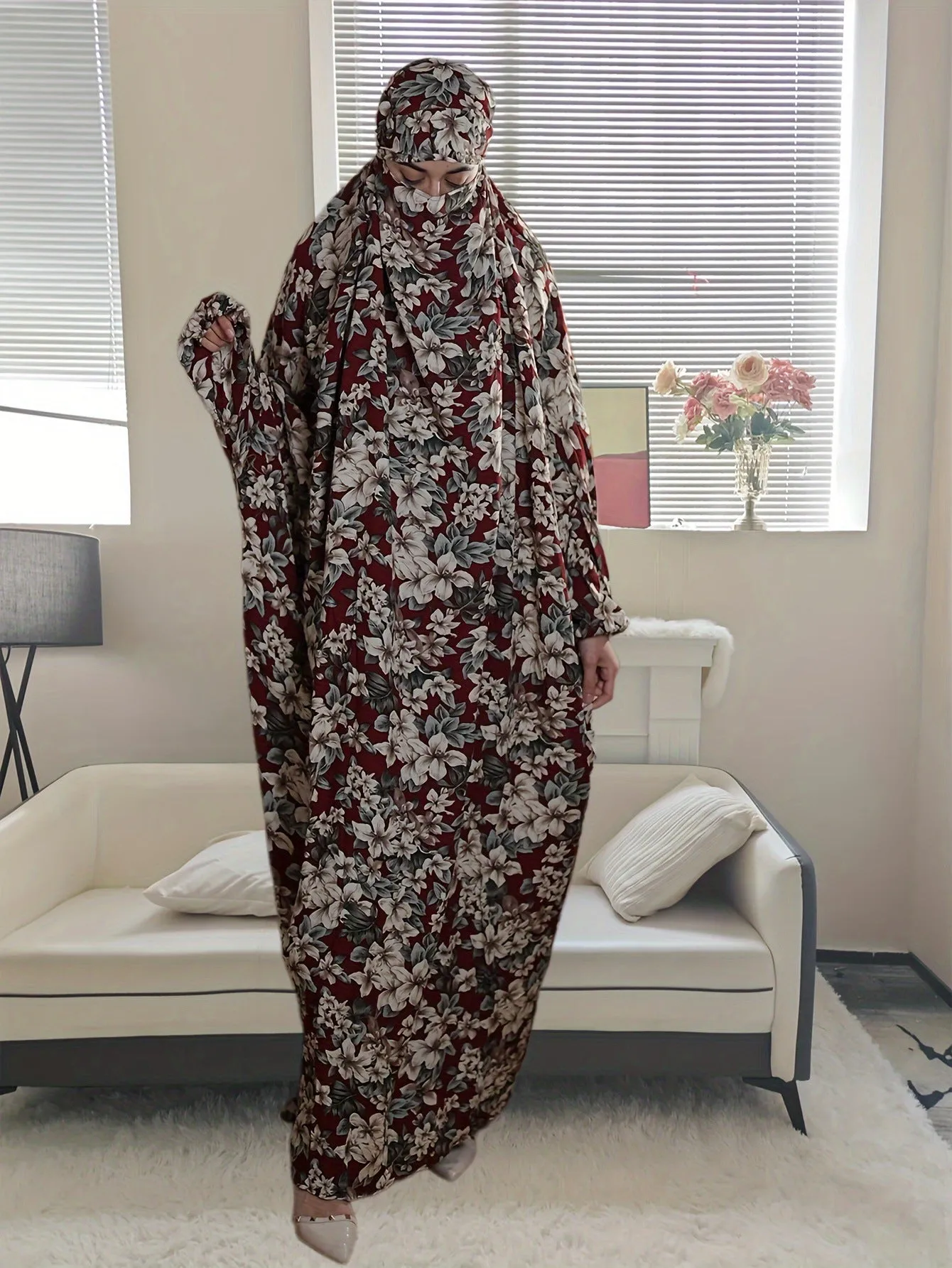 20  Cross-border plus size women's Middle Eastern robes Muslim traditional hooded prayer robes fashionable printed worship clothes Dresses/gowns  prayer set  abaya