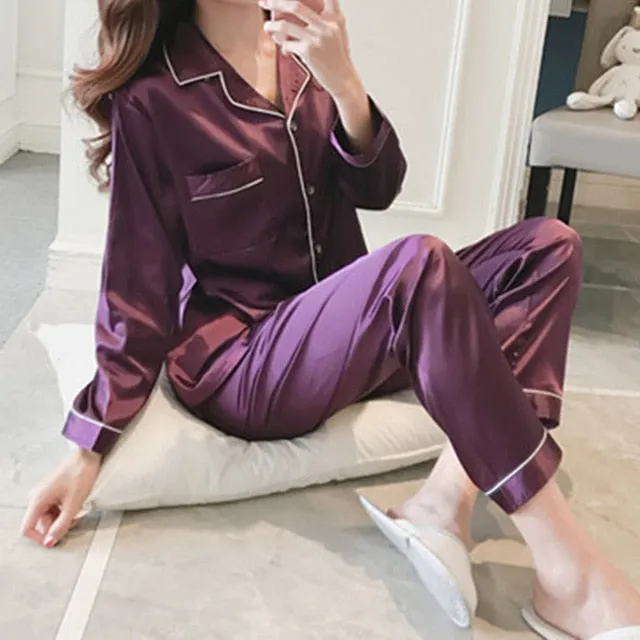 2PCS Pajamas Sets Women Lapel Silk-Like