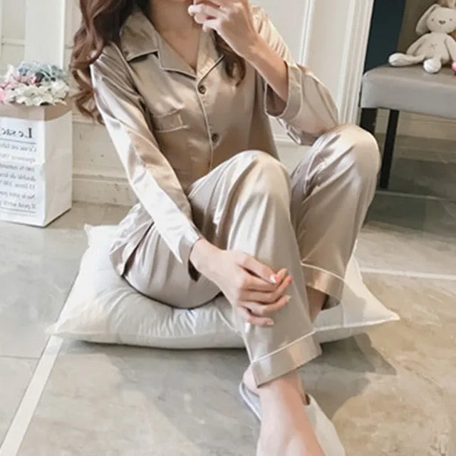 2PCS Pajamas Sets Women Lapel Silk-Like