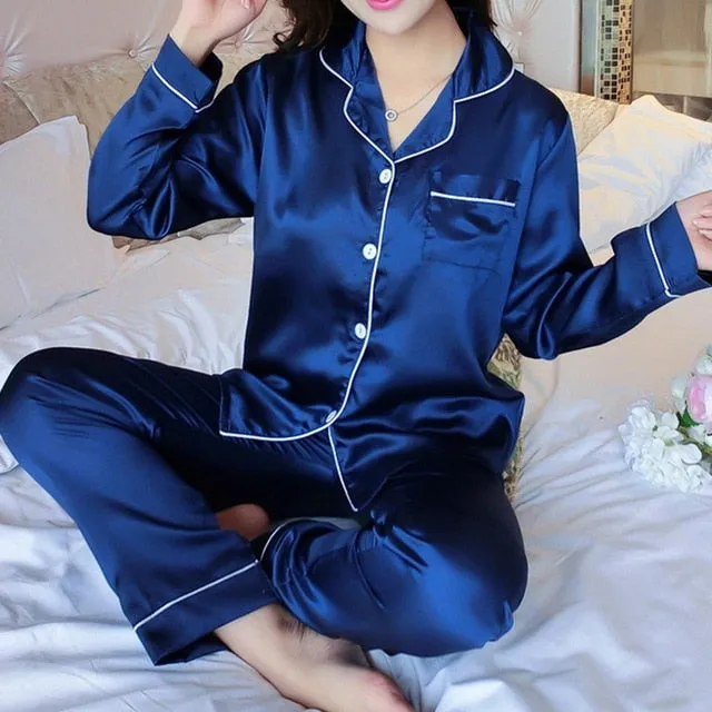 2PCS Pajamas Sets Women Lapel Silk-Like