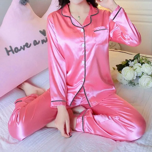 2PCS Pajamas Sets Women Lapel Silk-Like