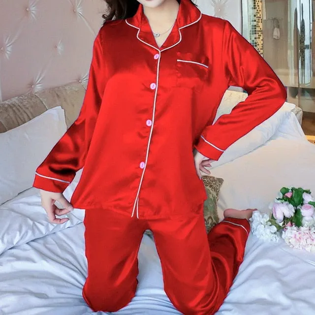 2PCS Pajamas Sets Women Lapel Silk-Like