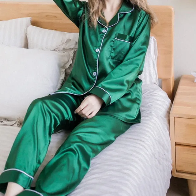 2PCS Pajamas Sets Women Lapel Silk-Like