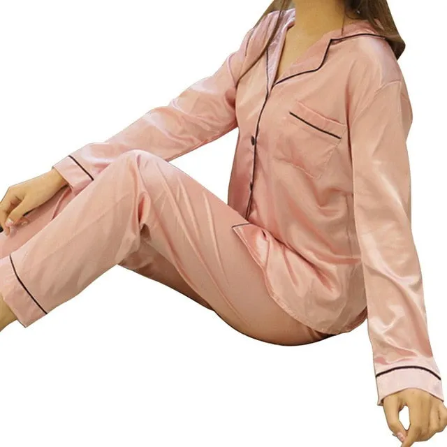 2PCS Pajamas Sets Women Lapel Silk-Like