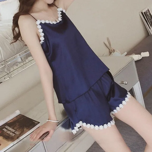 2PCS Pajamas Sets Women Lapel Silk-Like