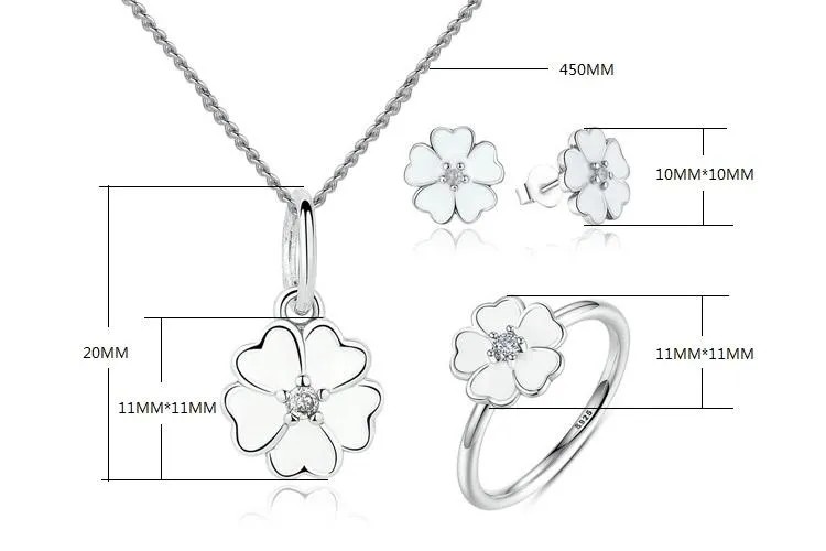 925 Sterling Silver Primrose Flower White Enamel Jewelry Set