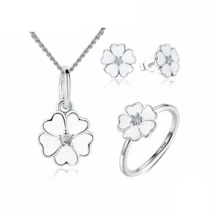 925 Sterling Silver Primrose Flower White Enamel Jewelry Set