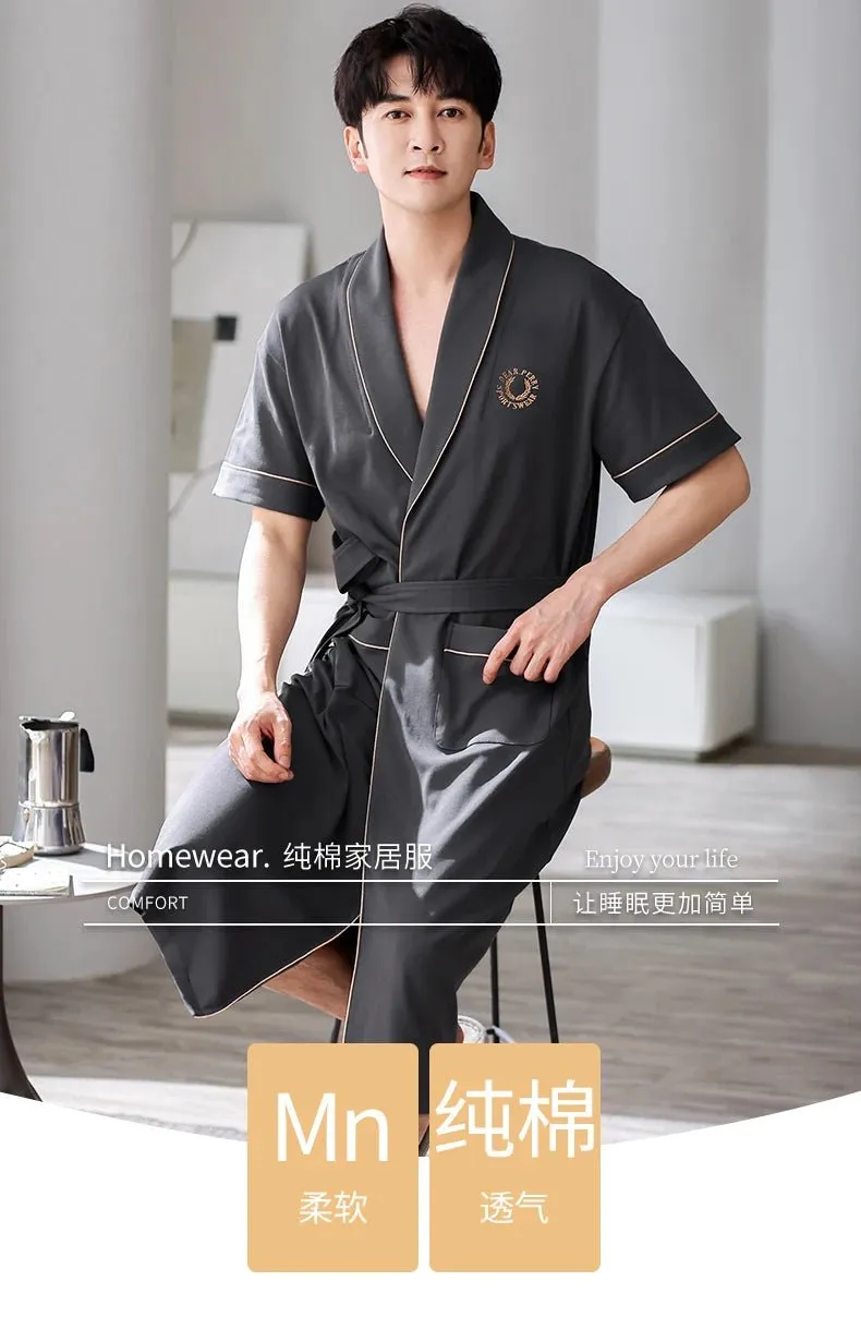 Apbrae New Summer Men's Soft Cotton Bathrobe Dark Grey Half Sleeve Solid Robe Big Size 4XL Fashion Elegant Kimono for Gentleman