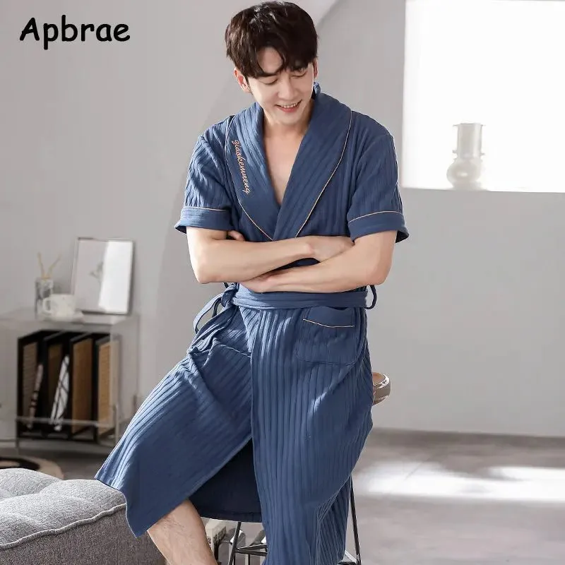 Apbrae New Summer Men's Soft Cotton Bathrobe Dark Grey Half Sleeve Solid Robe Big Size 4XL Fashion Elegant Kimono for Gentleman