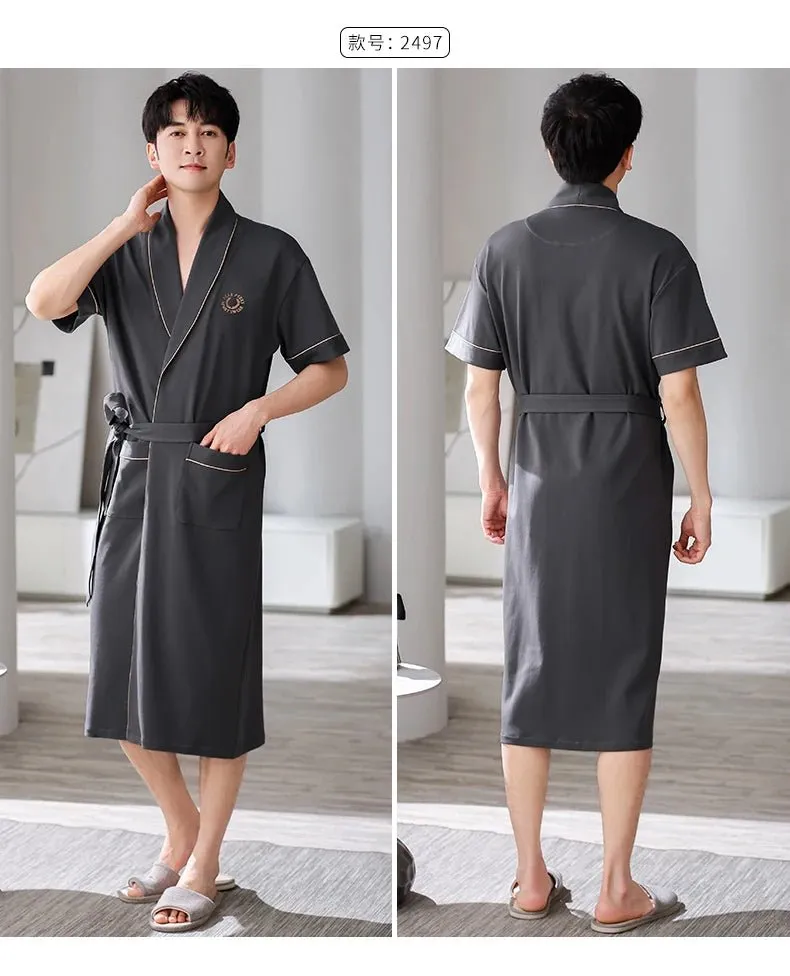 Apbrae New Summer Men's Soft Cotton Bathrobe Dark Grey Half Sleeve Solid Robe Big Size 4XL Fashion Elegant Kimono for Gentleman