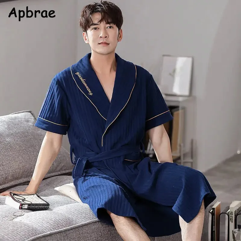 Apbrae New Summer Men's Soft Cotton Bathrobe Dark Grey Half Sleeve Solid Robe Big Size 4XL Fashion Elegant Kimono for Gentleman