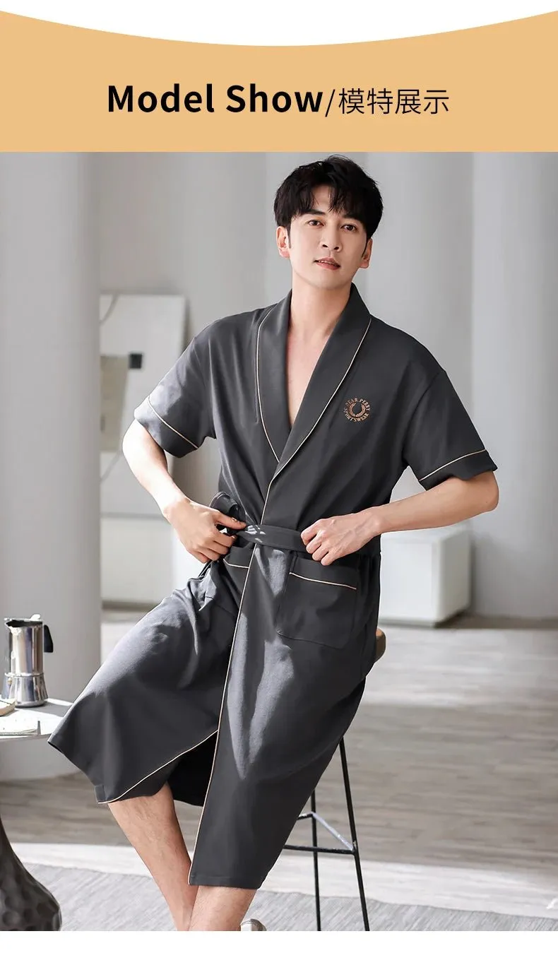 Apbrae New Summer Men's Soft Cotton Bathrobe Dark Grey Half Sleeve Solid Robe Big Size 4XL Fashion Elegant Kimono for Gentleman