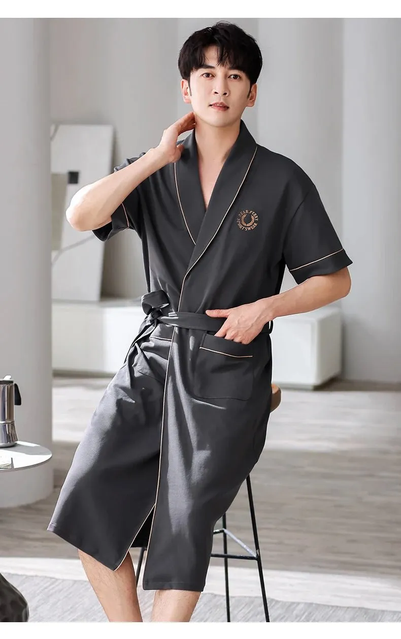 Apbrae New Summer Men's Soft Cotton Bathrobe Dark Grey Half Sleeve Solid Robe Big Size 4XL Fashion Elegant Kimono for Gentleman