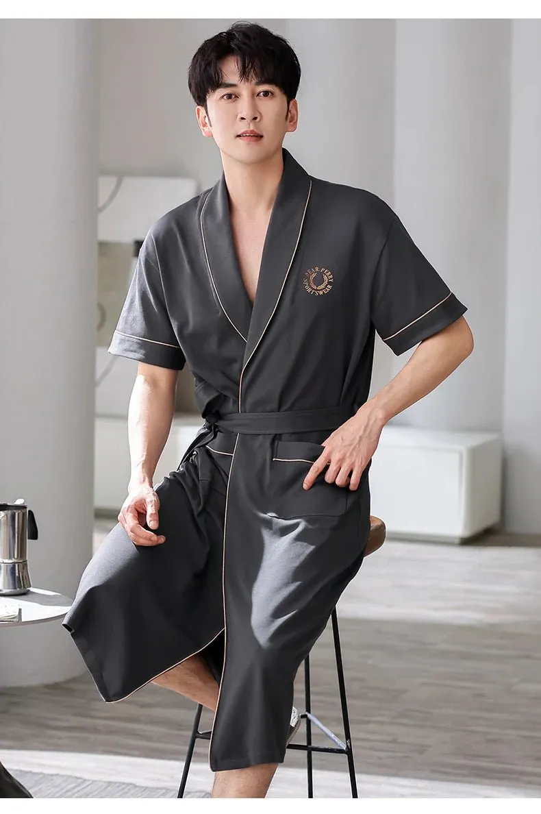 Apbrae New Summer Men's Soft Cotton Bathrobe Dark Grey Half Sleeve Solid Robe Big Size 4XL Fashion Elegant Kimono for Gentleman