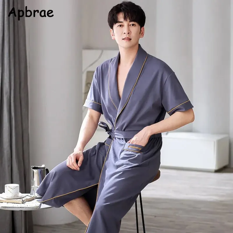 Apbrae New Summer Men's Soft Cotton Bathrobe Dark Grey Half Sleeve Solid Robe Big Size 4XL Fashion Elegant Kimono for Gentleman