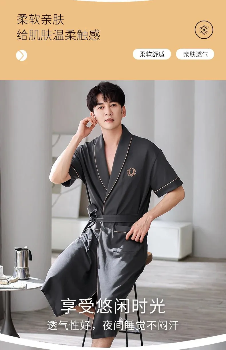 Apbrae New Summer Men's Soft Cotton Bathrobe Dark Grey Half Sleeve Solid Robe Big Size 4XL Fashion Elegant Kimono for Gentleman