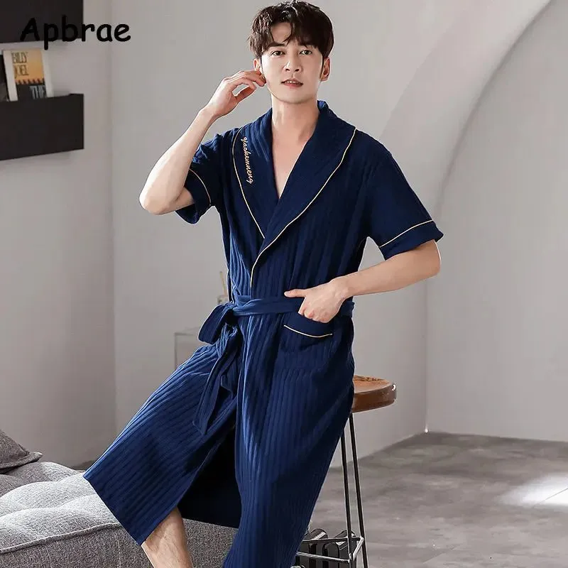 Apbrae New Summer Men's Soft Cotton Bathrobe Dark Grey Half Sleeve Solid Robe Big Size 4XL Fashion Elegant Kimono for Gentleman