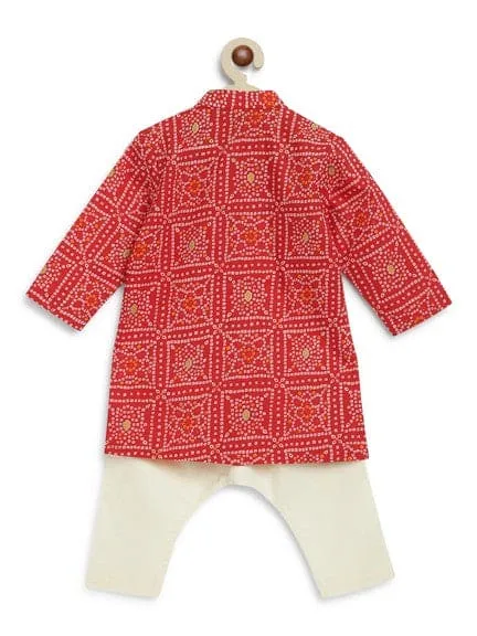 Baby Boy Bandhani Print Cotton Kurta Set - Red