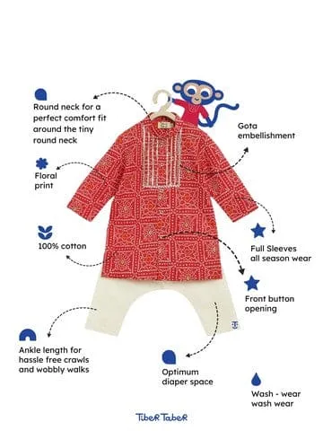 Baby Boy Bandhani Print Cotton Kurta Set - Red