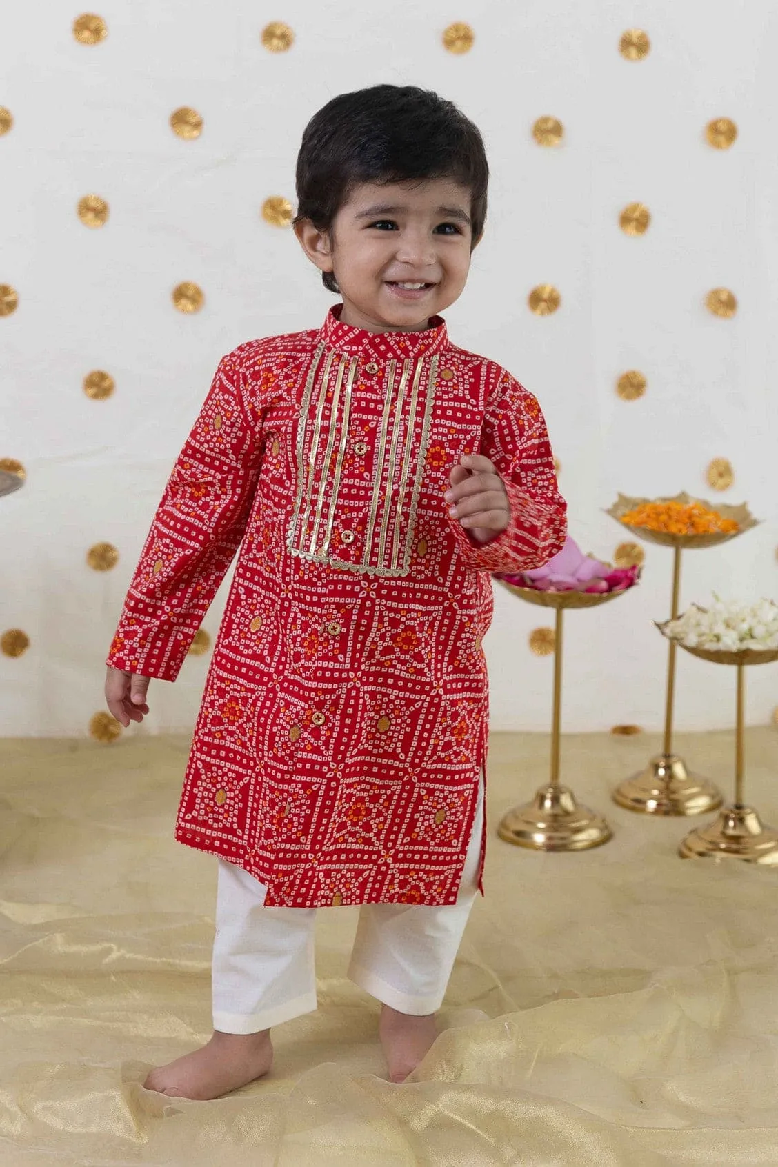 Baby Boy Bandhani Print Cotton Kurta Set - Red