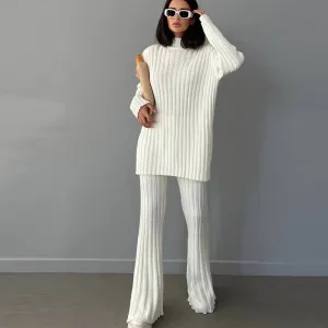 BerriesJam - 2024 White Turtleneck Striped Knitted Two Piece Sets Loungewear