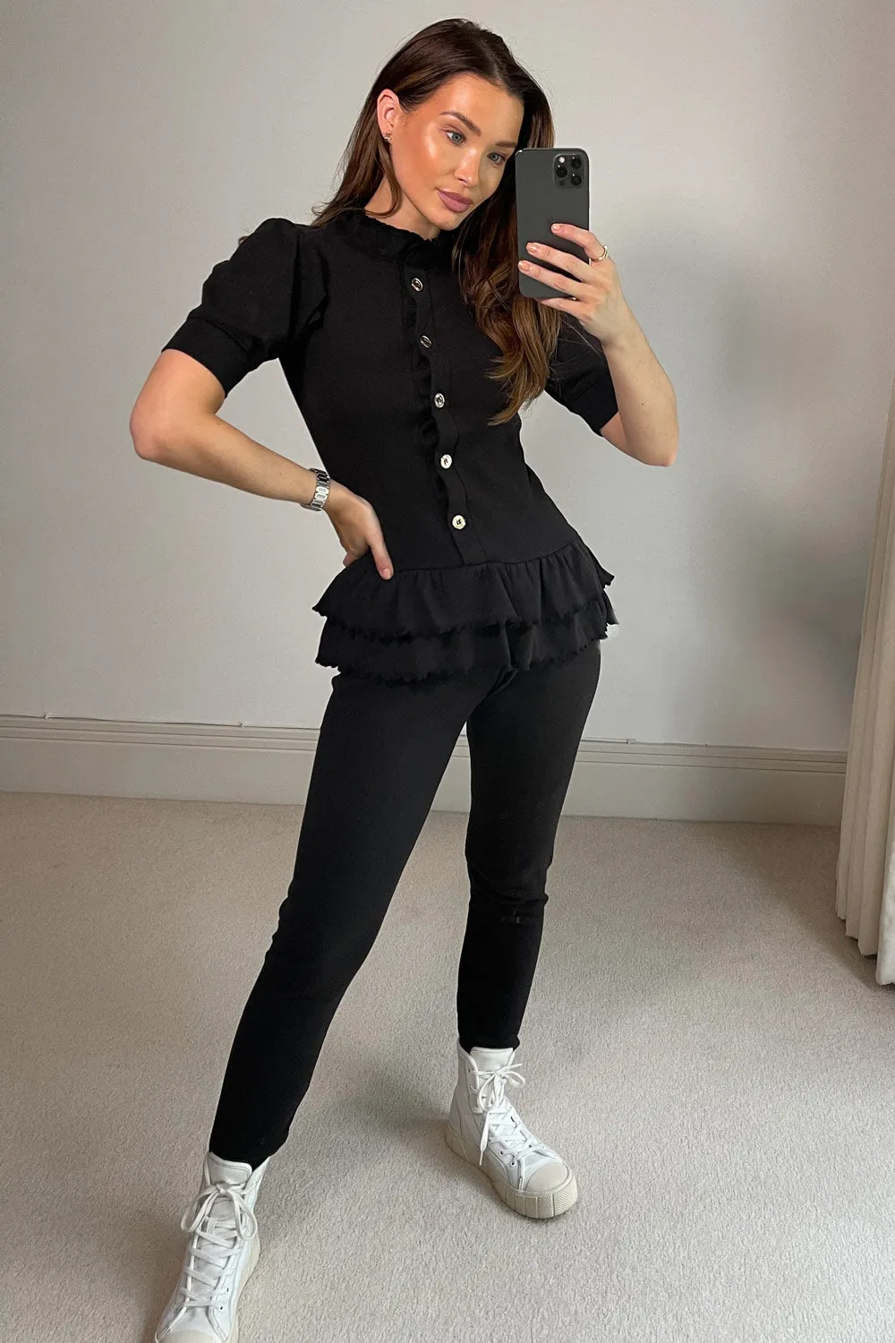 Black Ribbed Frill Buttoned Loungewear Set