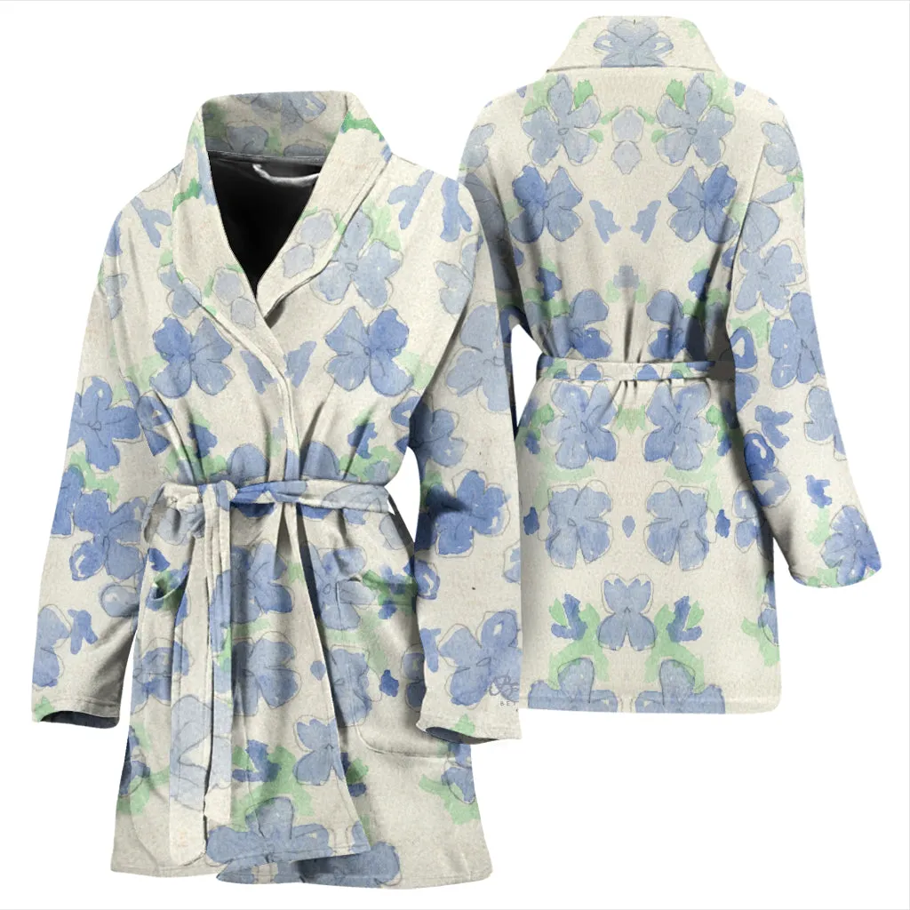 Blu&White Watercolor Floral Bath Robe - Women