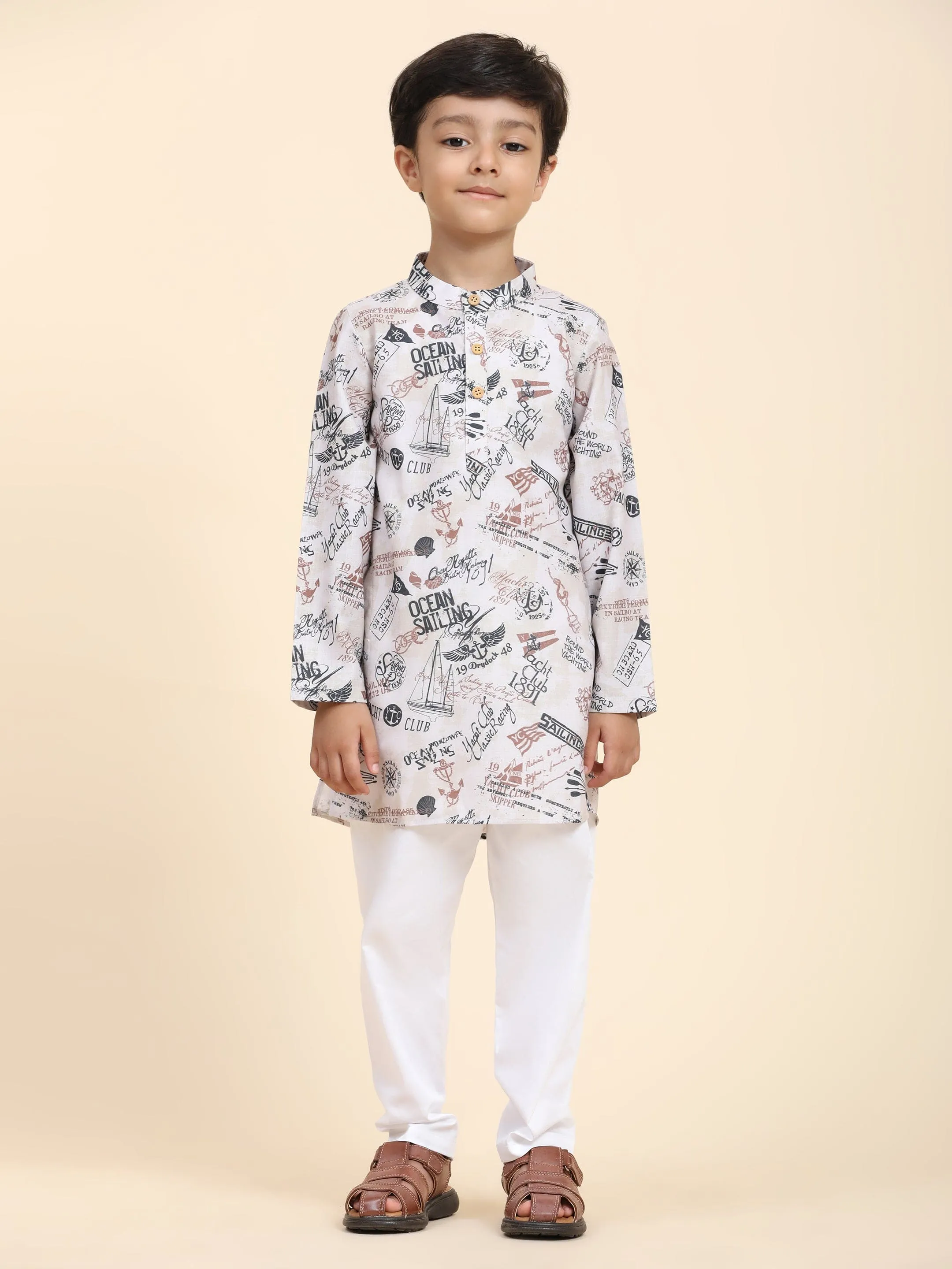 Boat Print Vestiario's Blend Linen Kurta Pajama Set