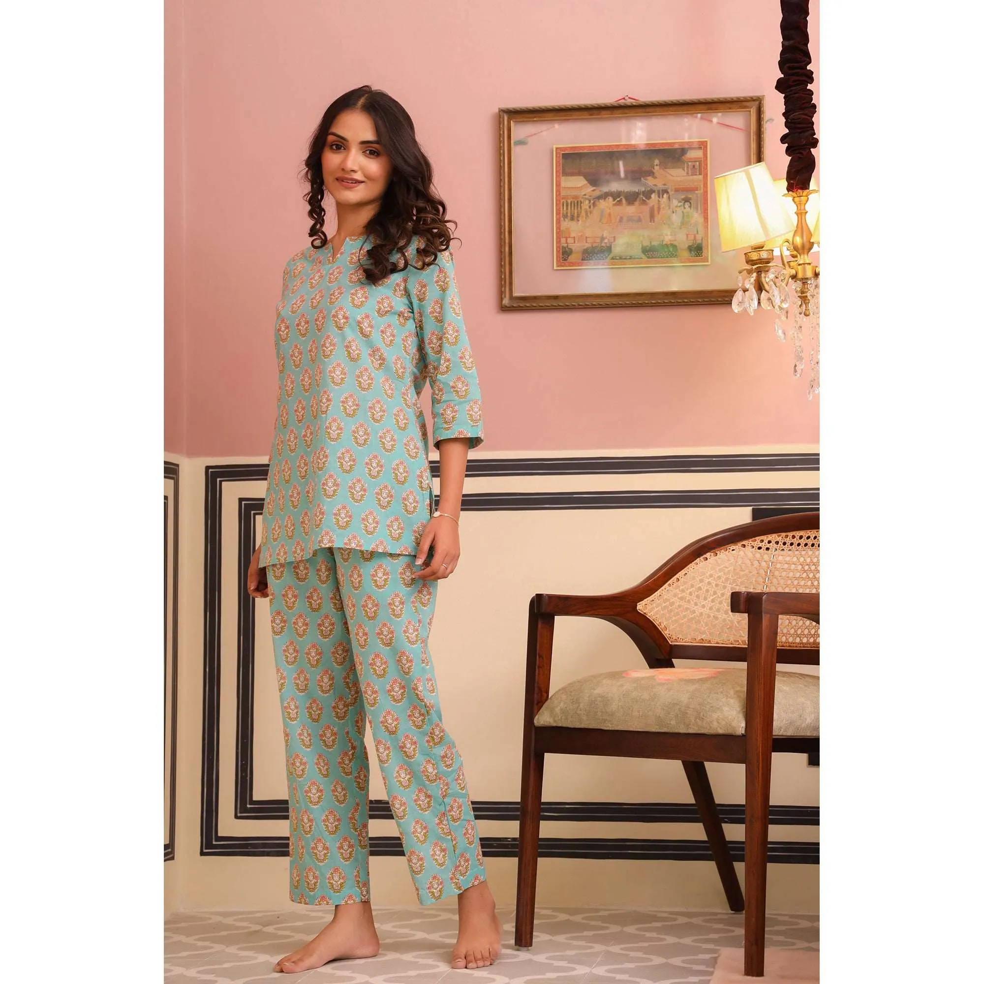 Bouquet Motif on Sky Blue Loungewear Set