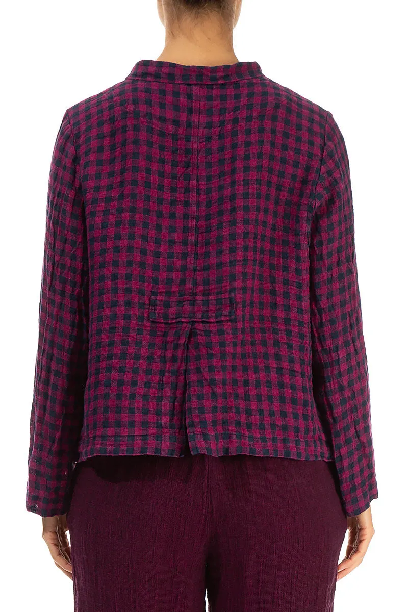 Buttoned Magenta Check Linen Jacket