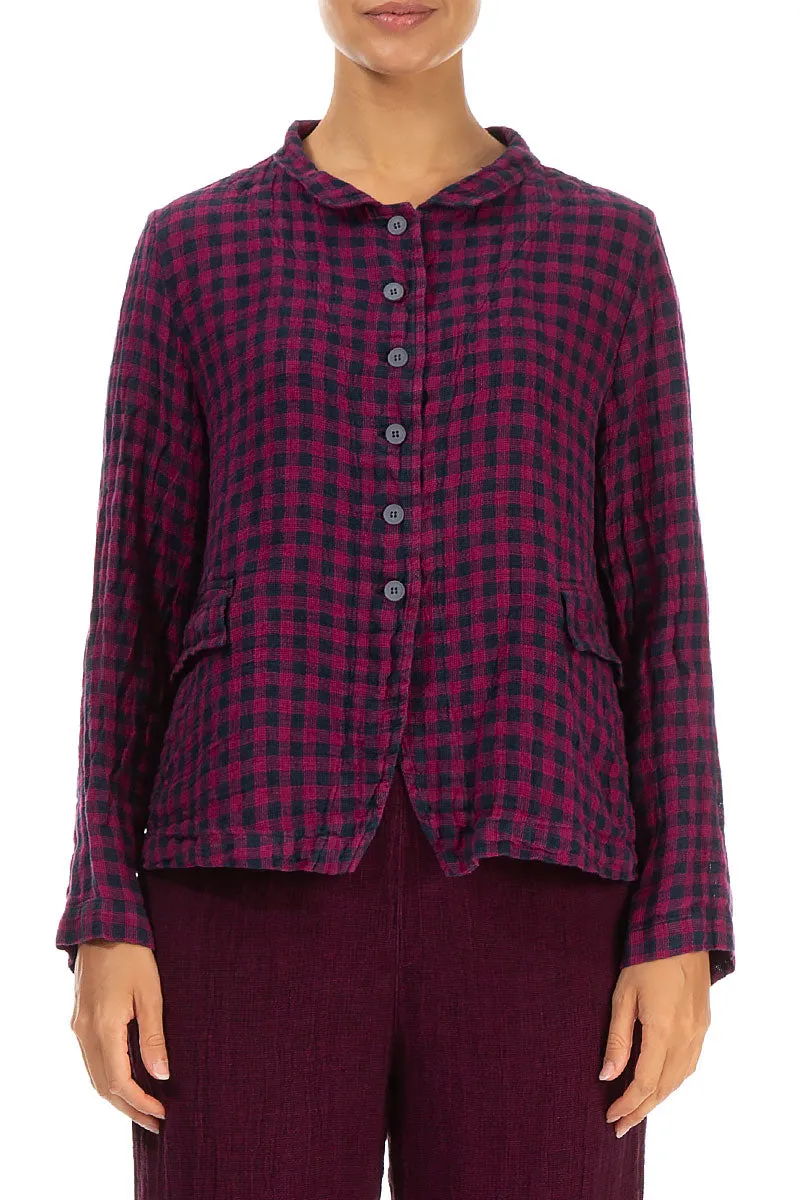 Buttoned Magenta Check Linen Jacket