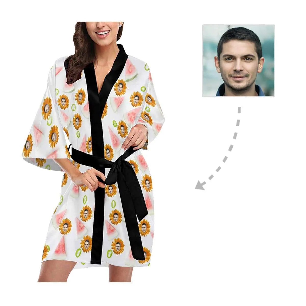 Custom Boyfriend Face Daisy Women's Summer Short Nightwear Personalized Photo Pajamas Kimono Robe