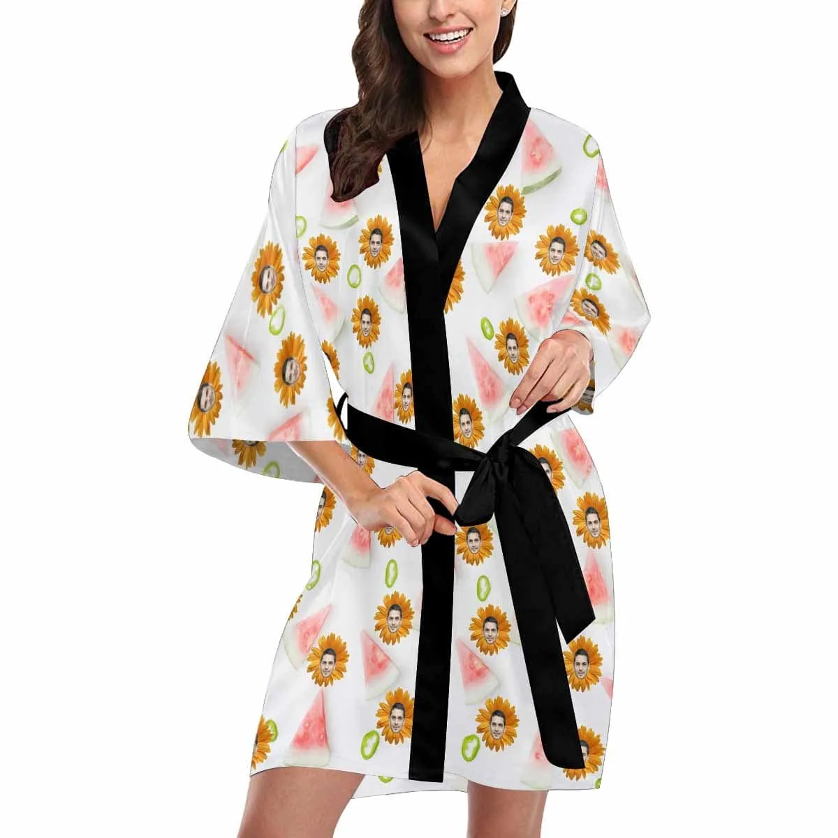 Custom Boyfriend Face Daisy Women's Summer Short Nightwear Personalized Photo Pajamas Kimono Robe