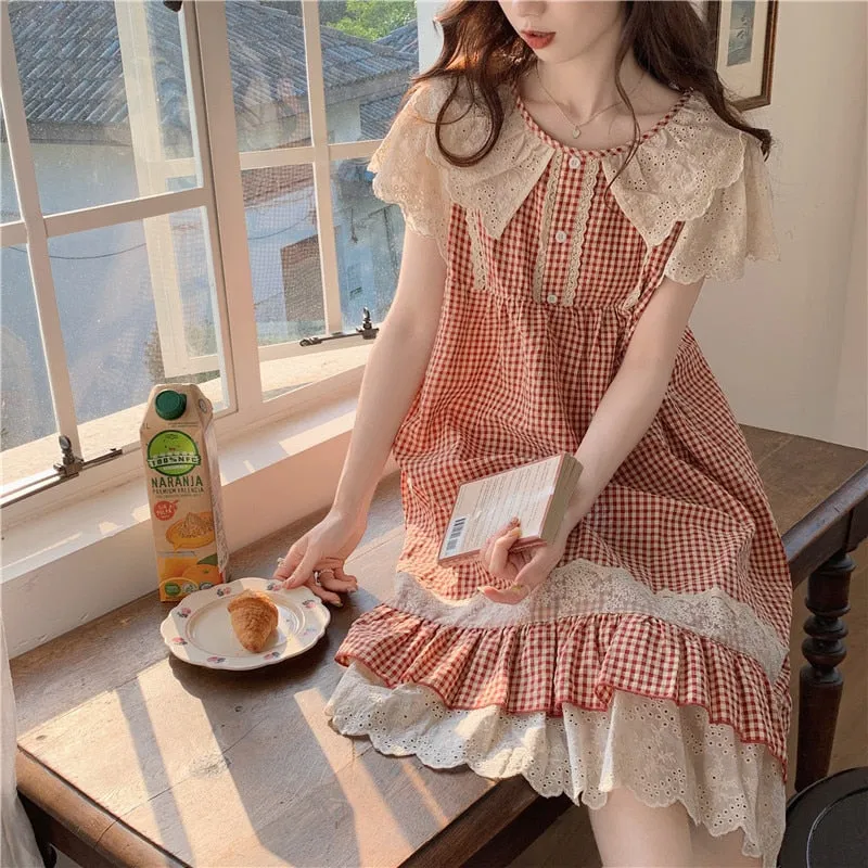 deanwangkt Plaid Retro Elegant Casual NightDress Soft Ruffles Sweet Simple Summer O-Neck Princess Long Sleepwear Cotton Lace Short sleeve