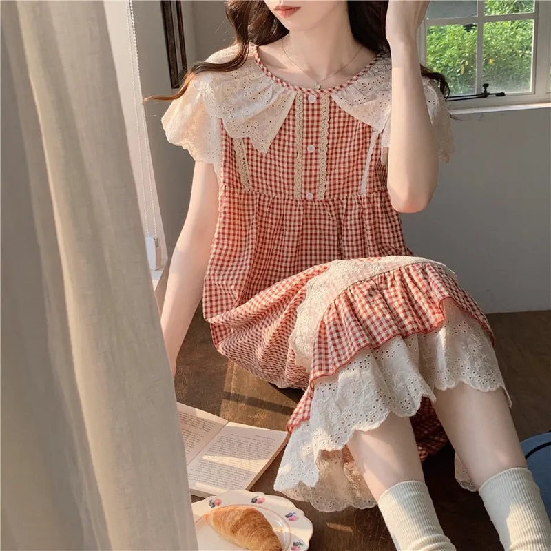 deanwangkt Plaid Retro Elegant Casual NightDress Soft Ruffles Sweet Simple Summer O-Neck Princess Long Sleepwear Cotton Lace Short sleeve