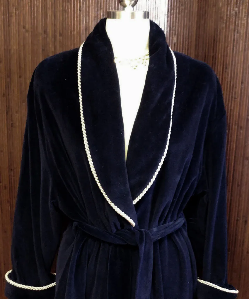 DIAMOND TEA LUXURIOUS PRE-OWNED WRAP-STYLE COTTON VELVET VELOUR ROBE IN CLASSIC NAVY - SIZE LARGE